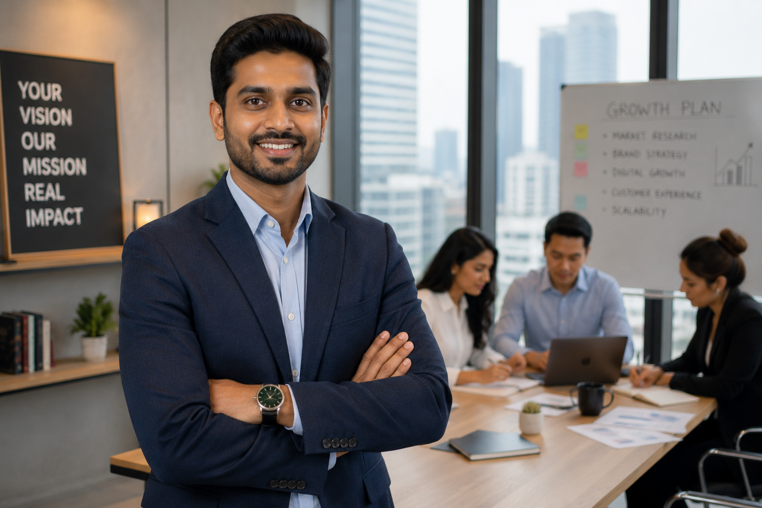 Confident business owner standing in front of team reviewing a growth plan